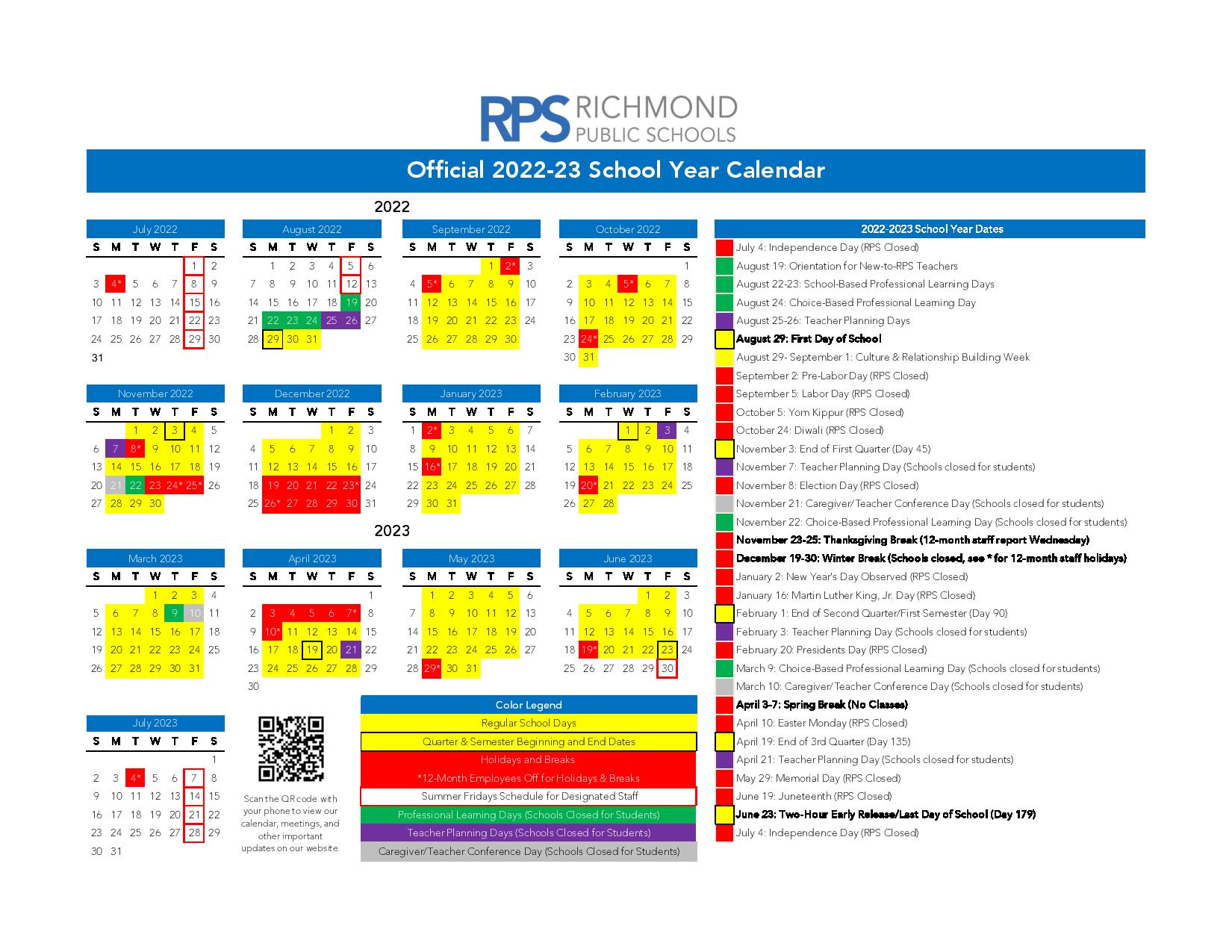 Richmond City Public Schools Calendar 2022-2023 in PDF