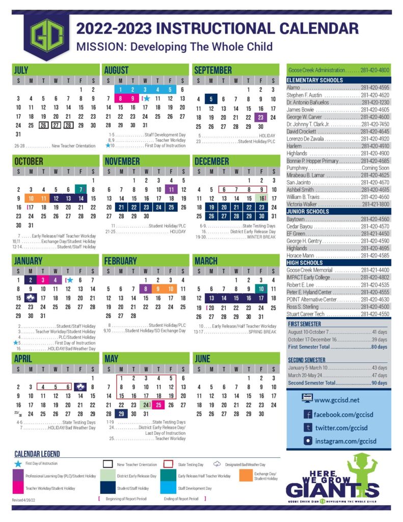 Goose Creek Independent School District Calendar 2022 2023 in PDF