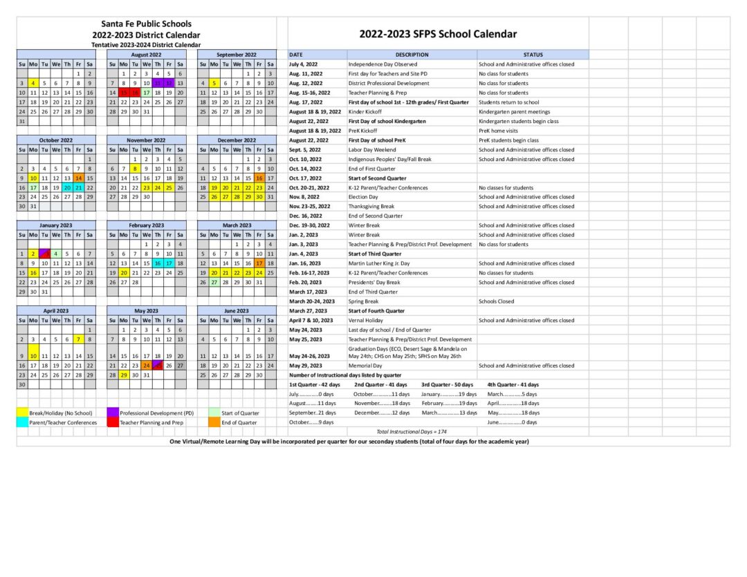 Santa Fe Public Schools Calendar 2022 2023 in PDF