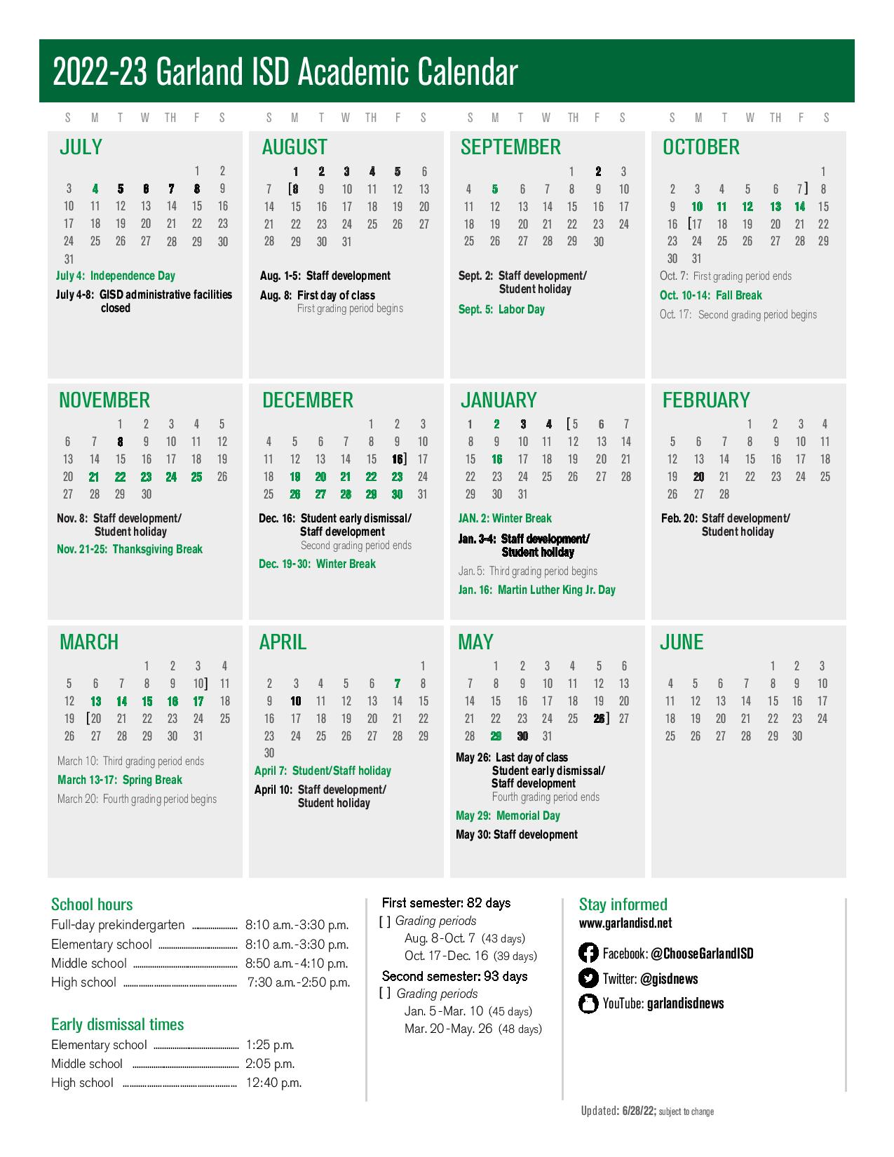 Garland Independent School District Calendar