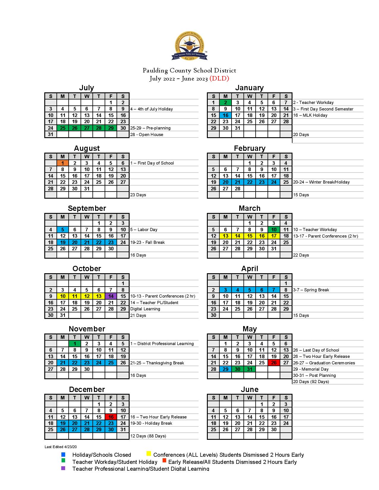 Paulding County School District Calendar 2022-2023