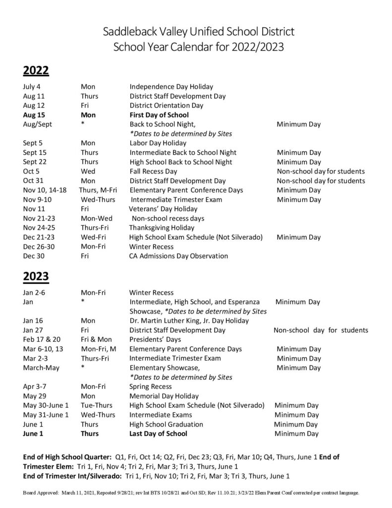 Saddleback Valley Unified School District Calendar