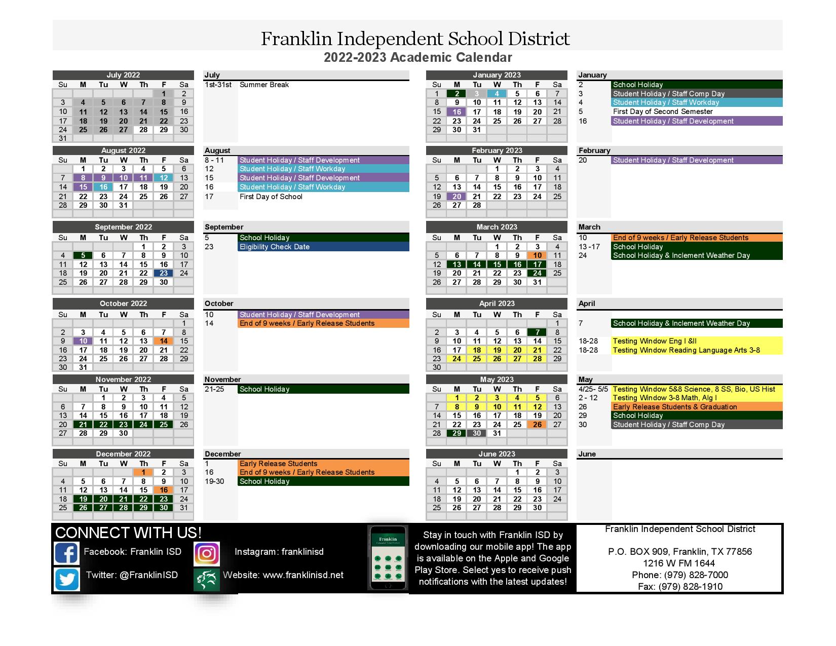 Franklin Independent School District Calendar