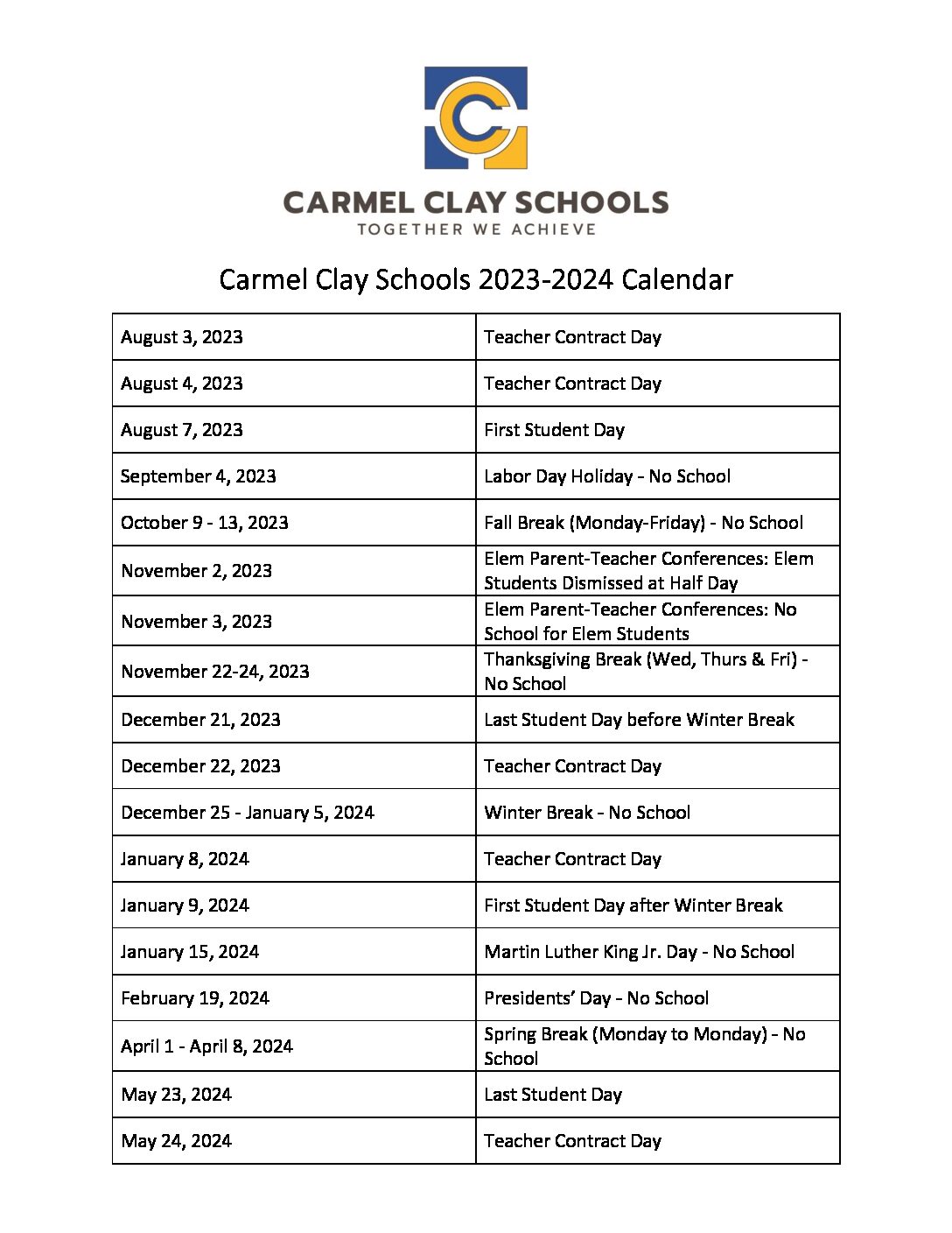 Carmel Clay Schools Calendar 2023 2024 Holiday Calendar