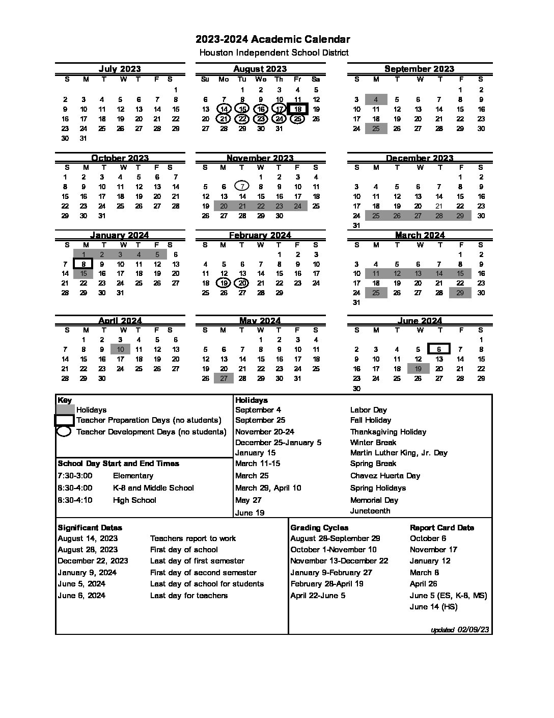 Houston Independent School District Calendar 20232024