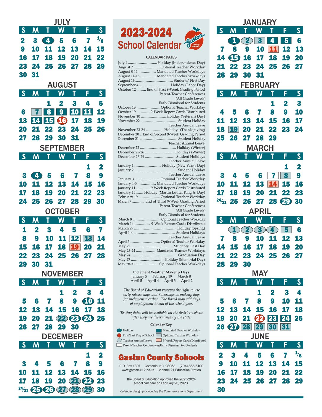 Gaston County Schools Calendar 20232024 in PDF