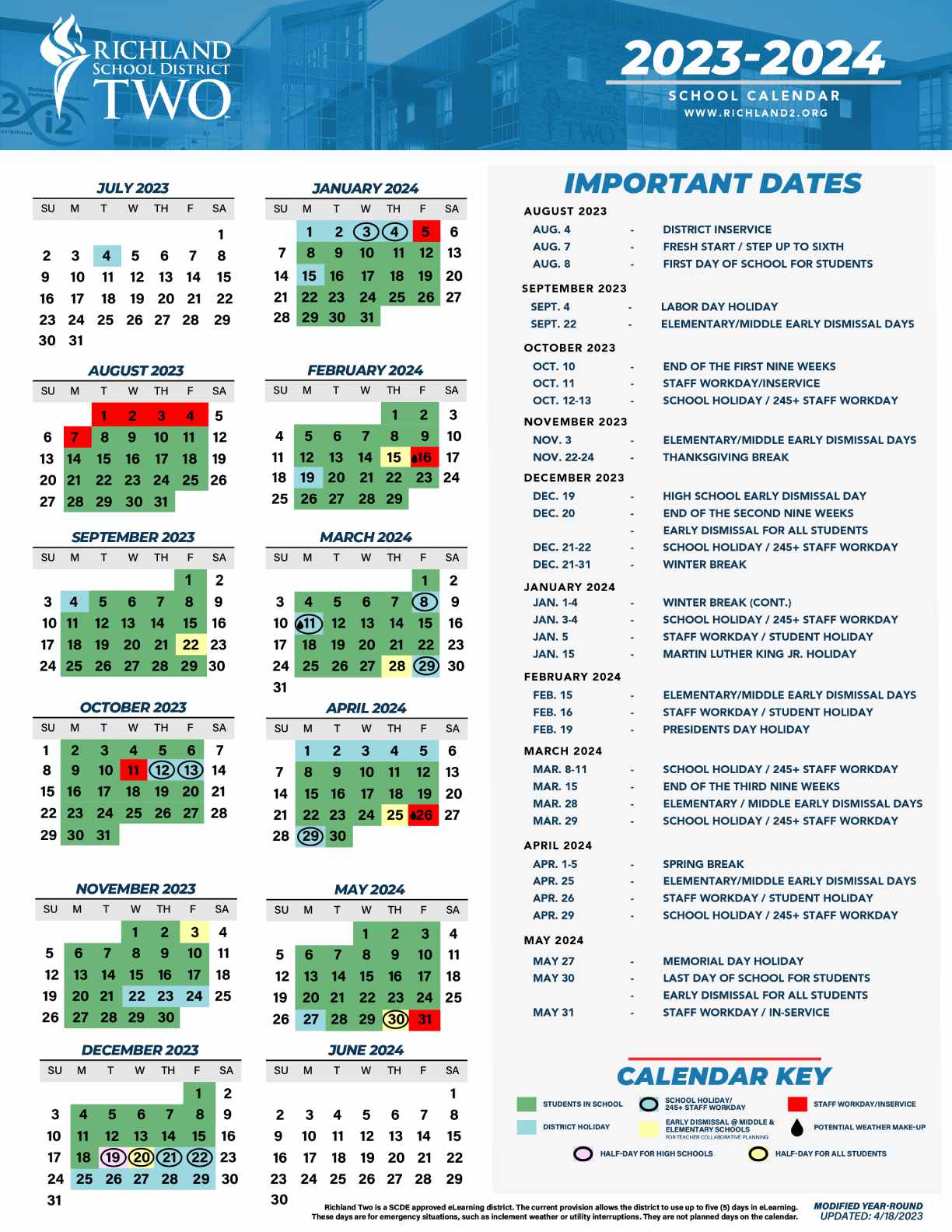 Richland School District 2 Calendar 2023 and 2024