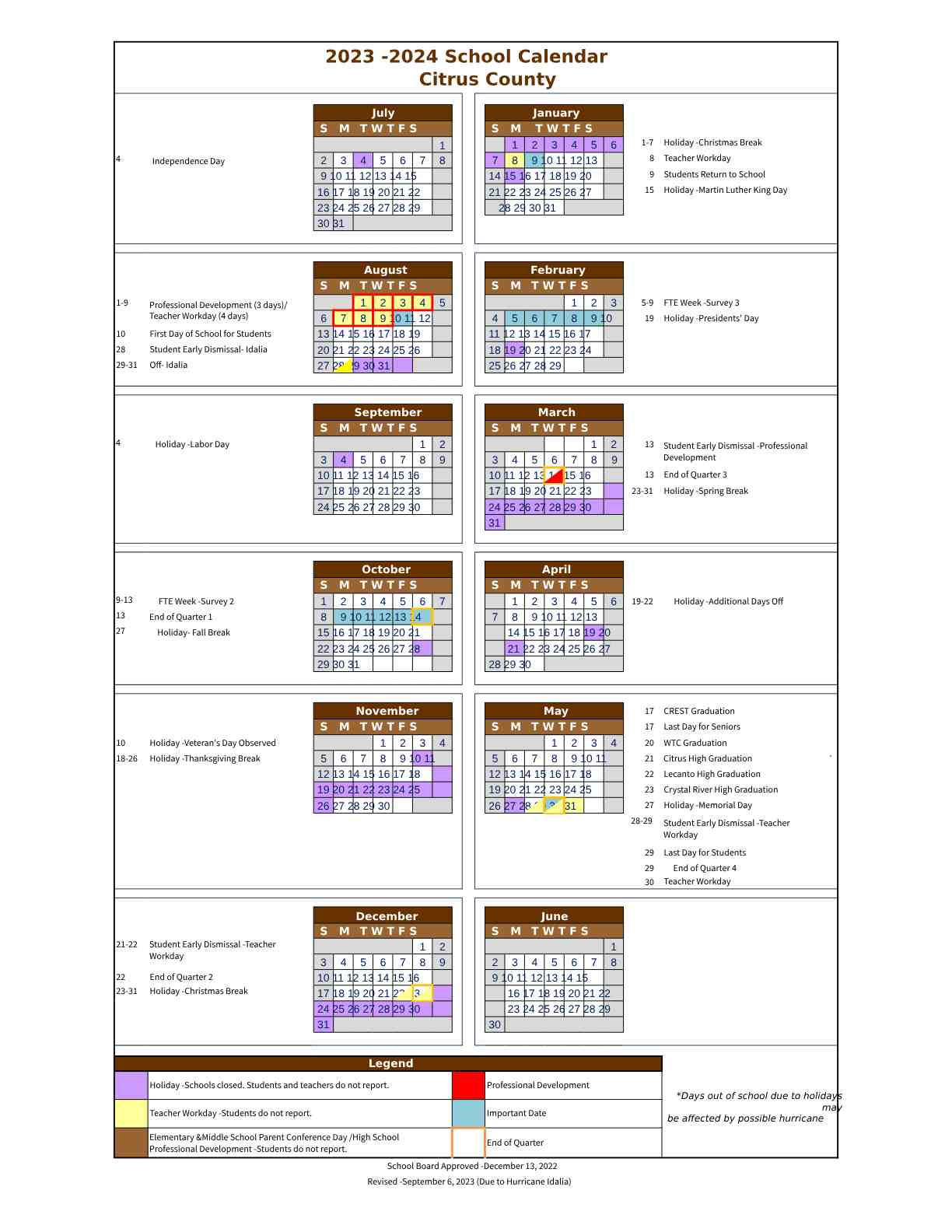 Citrus County School District Calendar 2023 and 2024