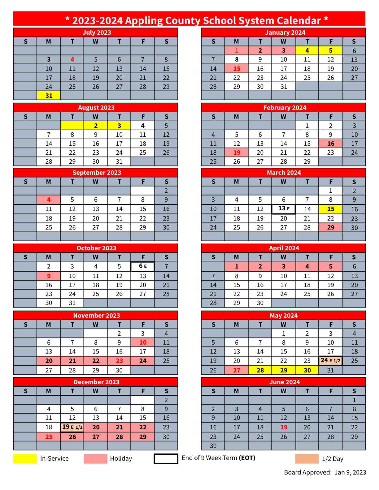 Appling County School District Calendar 2023 and 2024