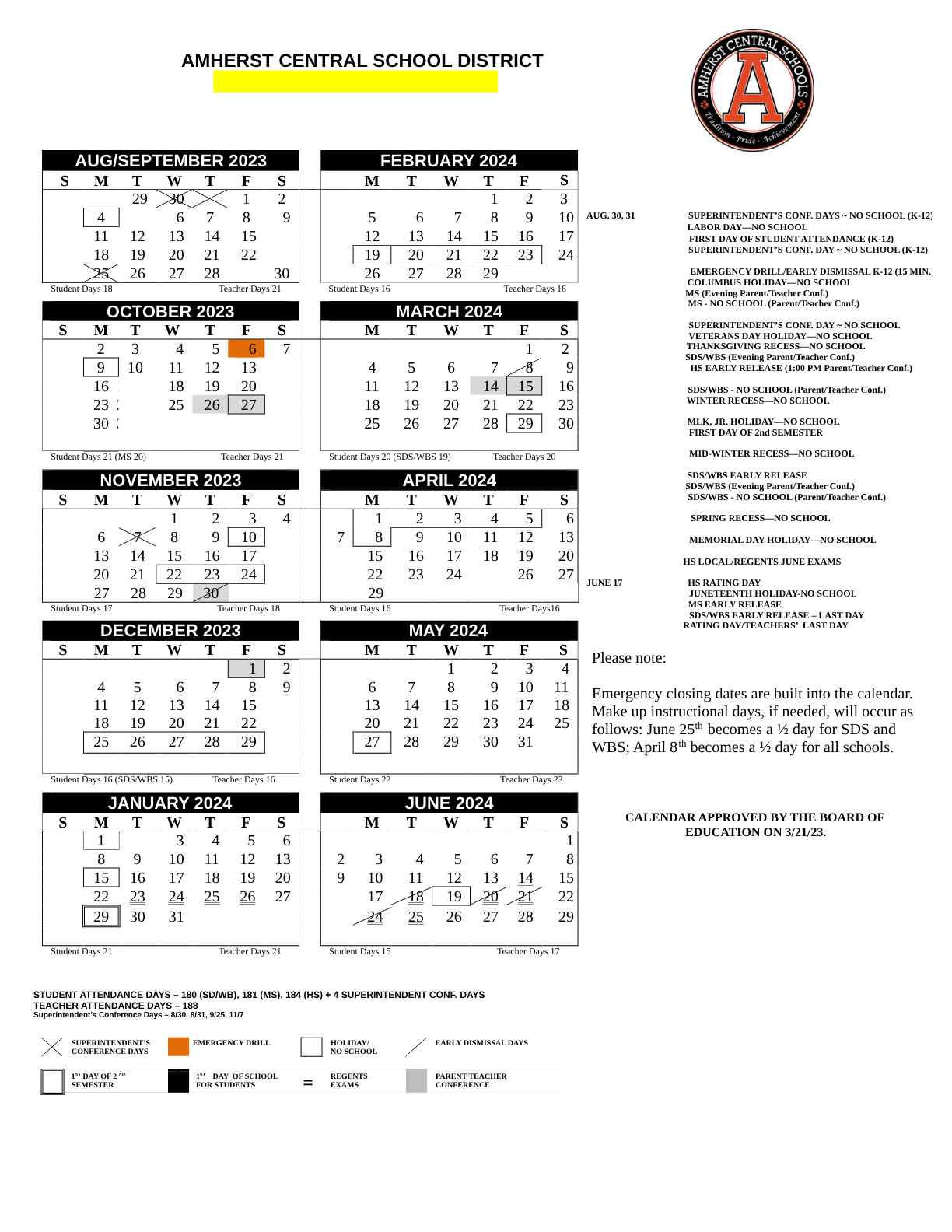 Amherst Central Schools Calendar 2023 and 2024 