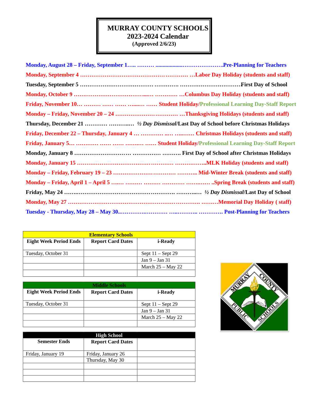 Murray County Schools Calendar 2023 and 2024
