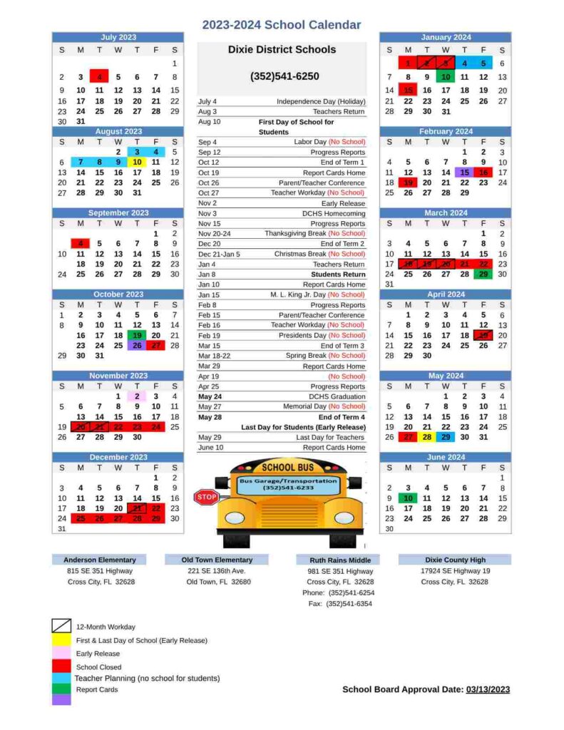 Dixie District Schools Calendar 2023 and 2024