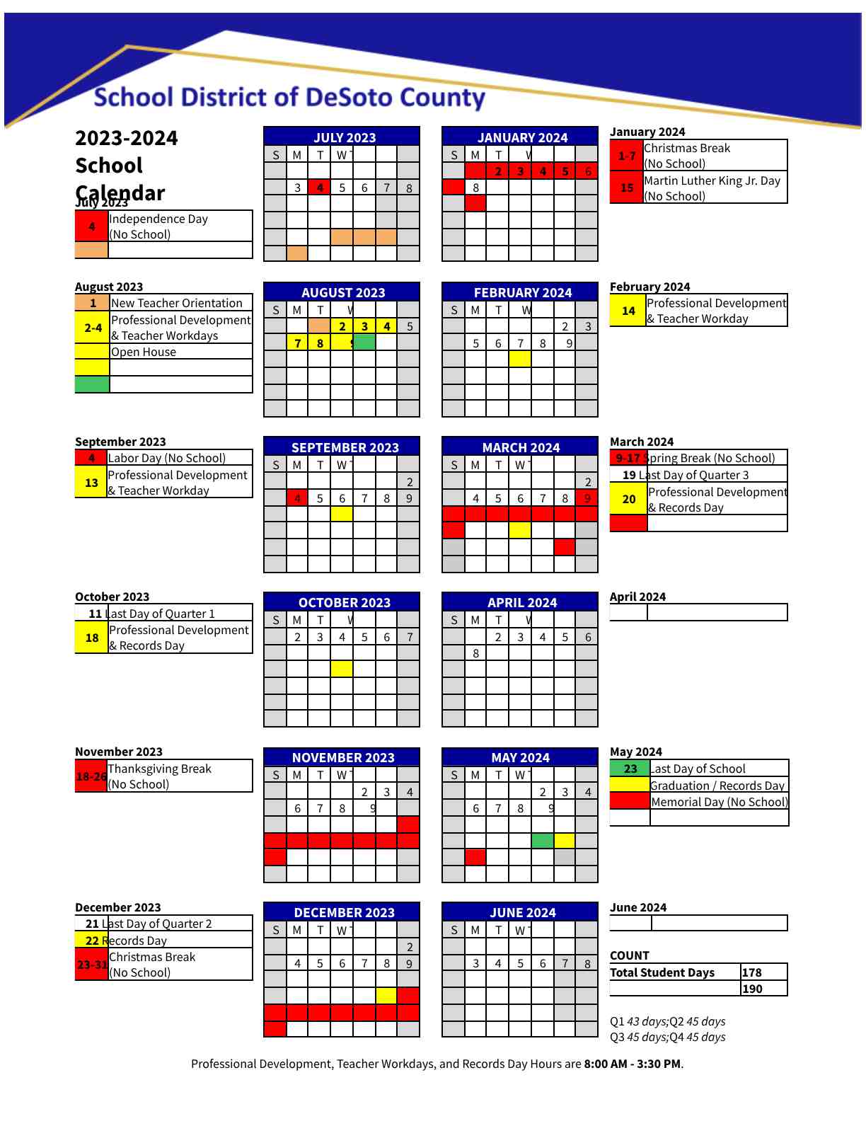 DeSoto County School District Calendar 2023 and 2024
