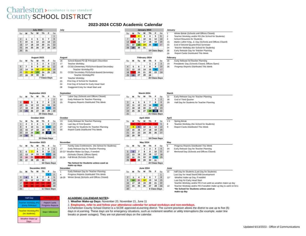 Charleston County School District Calendar 2023 and 2024