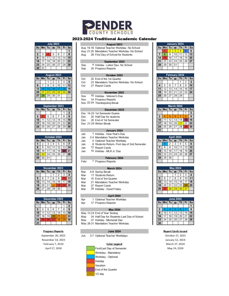 Pender County Schools Calendar 2023 and 2024