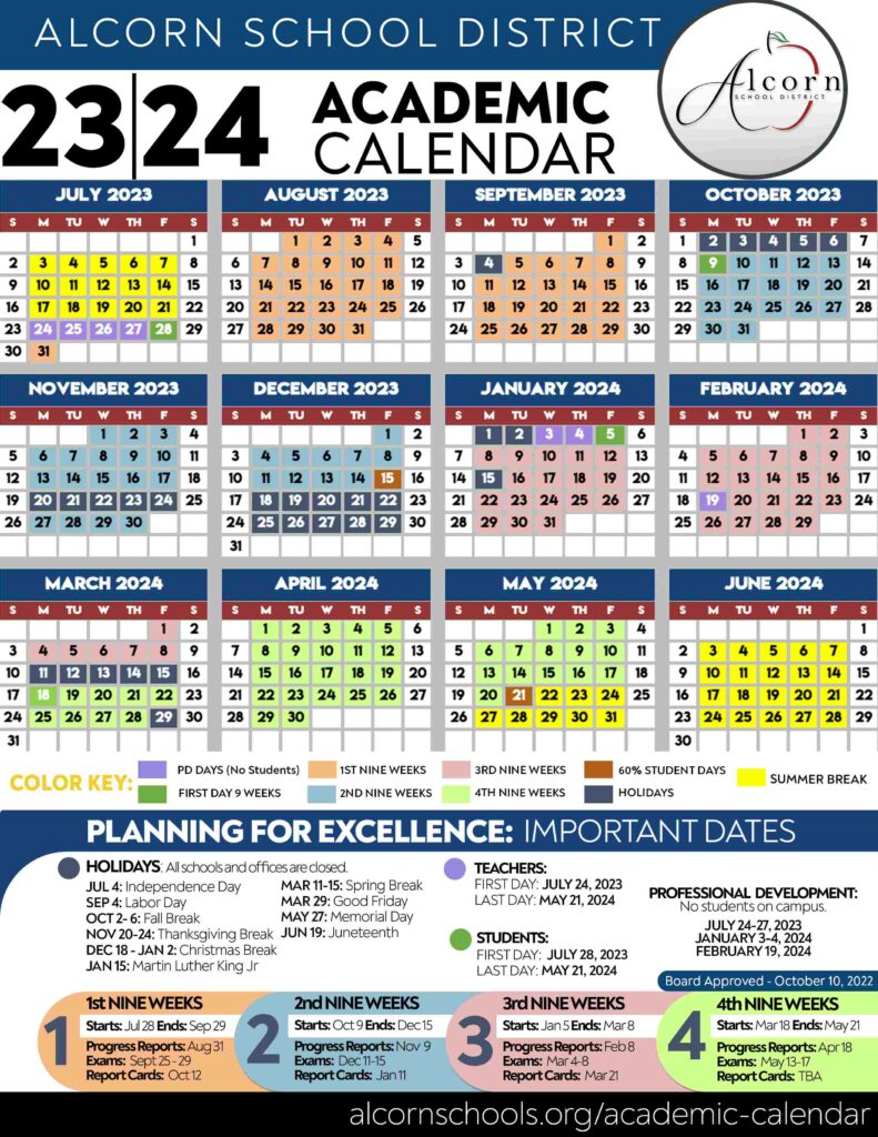 Alcorn School District Calendar 2023 and 2024