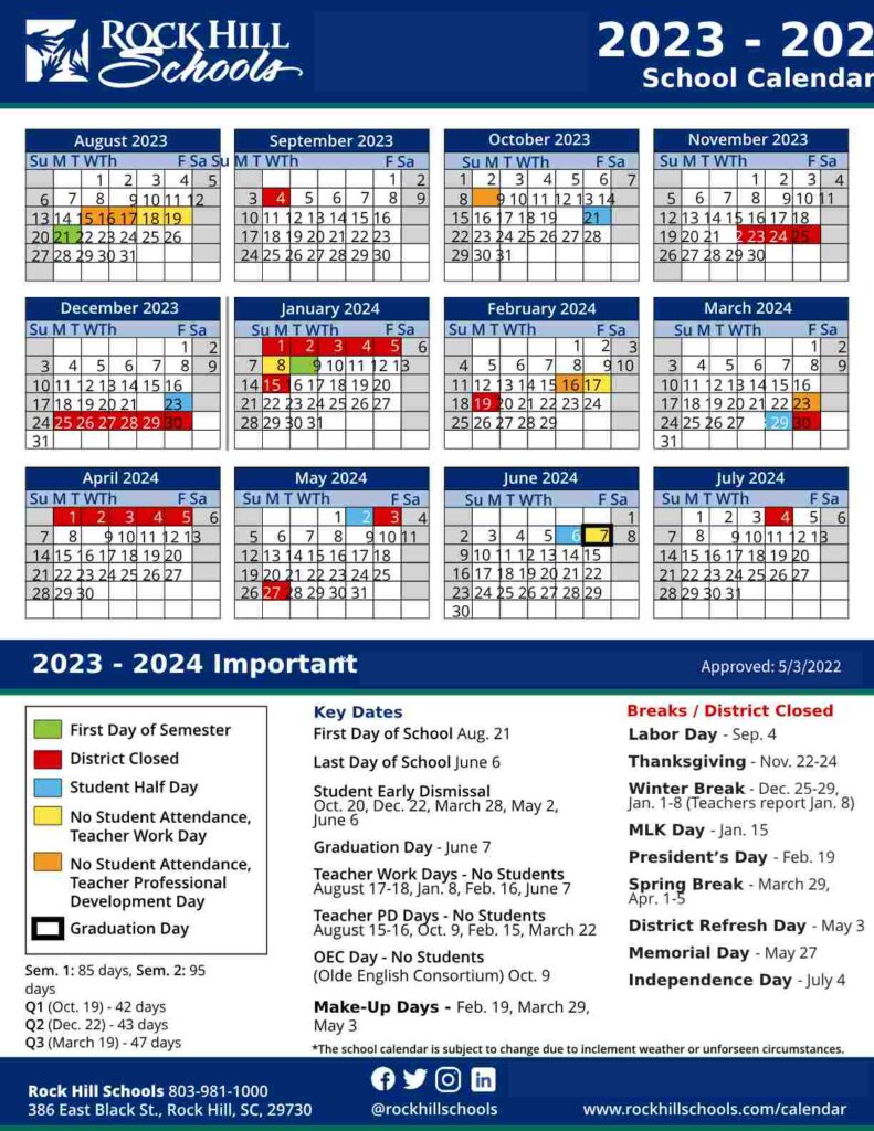 Rock Hill Schools Calendar 2023 and 2024