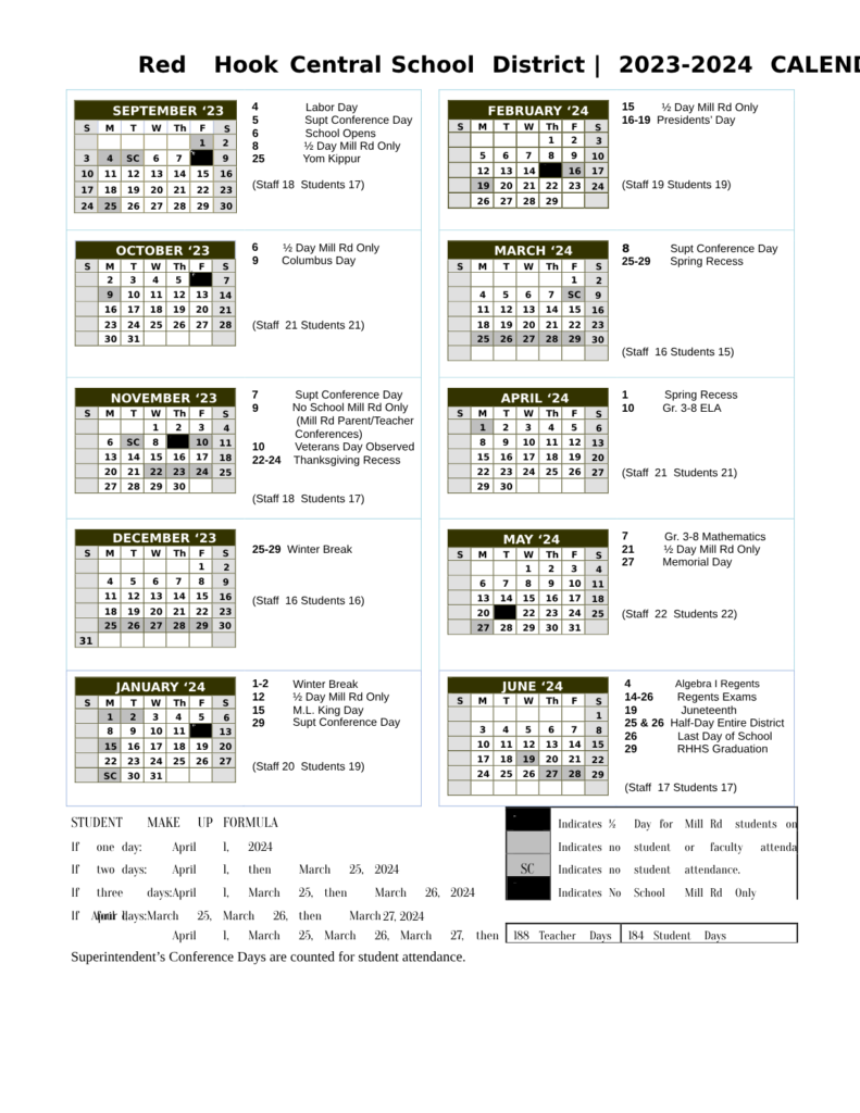 Red Hook Central School District Calendar 2023 and 2024