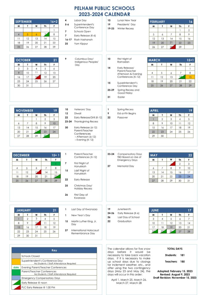 Pelham Public Schools Calendar 2023 and 2024