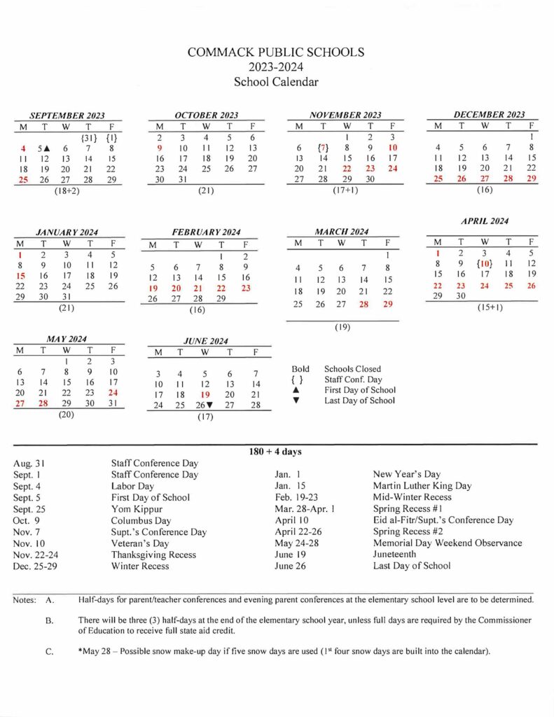 Commack Public Schools Calendar 2023 and 2024