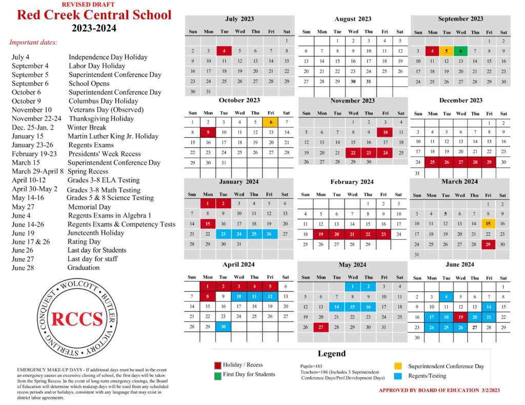 Red Creek Central School District Calendar 2023 and 2024